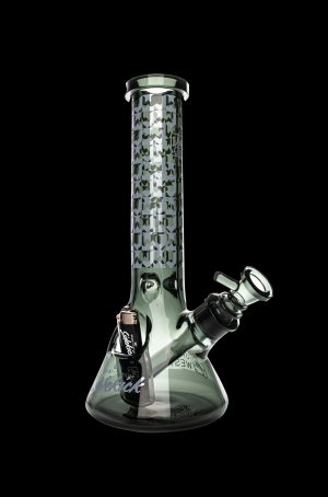 Green glass water pipe with camouflage pattern and cannabis leaf design.