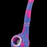 Pink and blue silicone smoking pipe with a glass bowl.