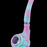 Pink and teal silicone water pipe with a glass bowl.
