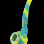 Colorful silicone cannabis pipe with a green glass bowl.