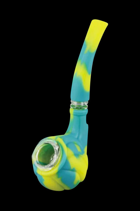 Colorful silicone cannabis pipe with a green glass bowl.