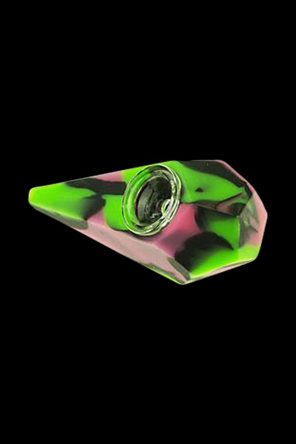 A close-up shot of the Silicone Diamond Hand Pipe with Glass Bowl, showcasing its faceted design and transparent material.