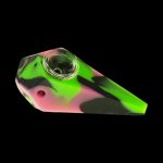 A close-up shows the Silicone Diamond Hand Pipe with Glass Bowl, featuring a colorful, patterned design and a visible glass bowl.