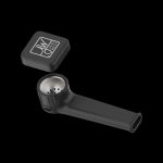 Black cannabis pipe with removable bowl and branded case.