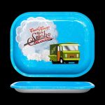 Overhead view of the Cheech & Chong 40th Anniversary Rolling Tray in blue, displaying a colorful graphic design.