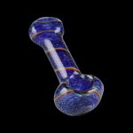 A side view of the Simple Colorful Spoon Pipe - Balloon Strings, featuring a curved design in shades of blue and clear glass.