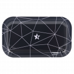 Overhead view of the Famous Brandz "Space" Rolling Tray featuring a dark background with a geometric pattern of white lines.
