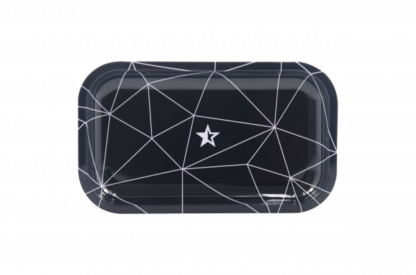 Overhead view of the Famous Brandz "Space" Rolling Tray featuring a dark background with a geometric pattern of white lines.