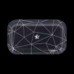 Overhead view of the Famous Brandz “Space” Rolling Tray, displaying a dark patterned surface with geometric shapes.