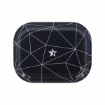 Top-down view of the Famous Brandz "Space" Rolling Tray, featuring a dark surface with a geometric, white line pattern.