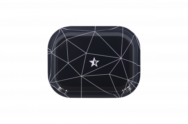 Top-down view of the Famous Brandz "Space" Rolling Tray, featuring a dark surface with a geometric, white line pattern.