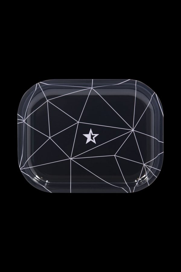 Front view of the “Famous Brandz Space” rolling tray, displaying a black surface with a geometric, white line design.