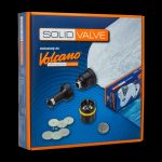 A slightly angled close-up of the Volcano Solid Valve Starter Set with its components arranged on a black background.