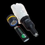 Close-up of the Volcano Solid Valve Starter Set, displaying its black valve components and glass connector.