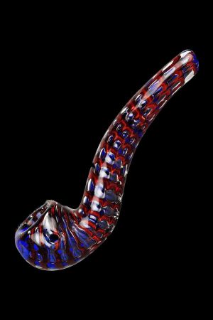 Hand pipe with red, white, and blue glass swirls.