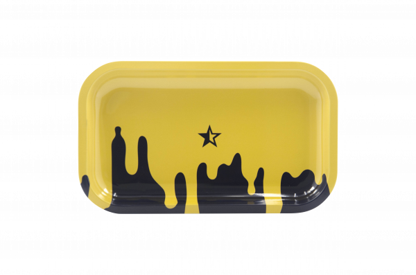 Front view of the Famous Brandz "Surrender" Rolling Tray, showcasing a glossy black surface with a sleek, rectangular design.
