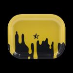 The "Famous Brandz "Surrender" Rolling Tray" is pictured as a flat, rectangular tray with a dark, patterned design against a plain background.