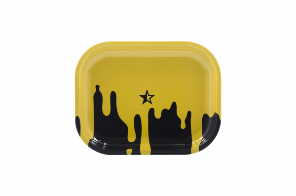 Front view of the “Famous Brandz Surrender” rolling tray with a black and gold marbled design on a plain white background.