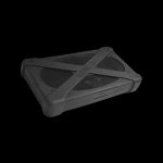 Black, rugged cannabis storage case with embossed branding.