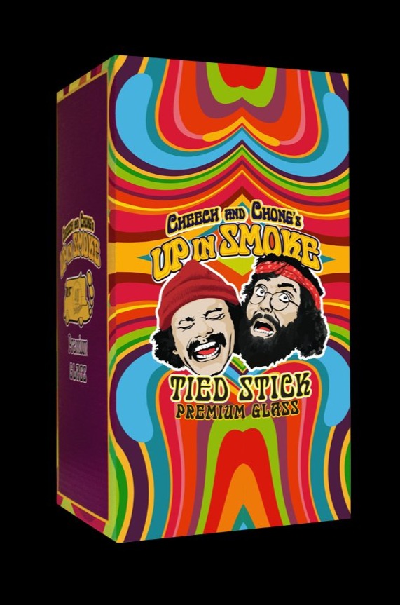 Front view of the Cheech & Chong "Tied Stick" Dab Rig Bubbler, showcasing its colorful, patterned design against a dark background.