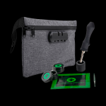 Gray cannabis accessories kit with a lockable smell-proof bag, grinder, papers, and dab tool.