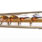 A diagonal view of the 7Pipe Twisty Glass Blunt, showcasing its coiled glass design against a plain white background.