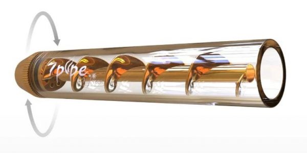 A diagonal view of the 7Pipe Twisty Glass Blunt, showcasing its coiled glass design against a plain white background.