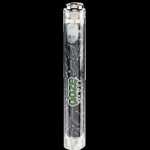 Clear glass cannabis oil rig with green graphic detailing.