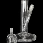 Clear glass bong and attachment on a black background.