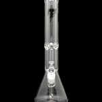Clear glass bong with ice catcher and percolator, isolated on black.