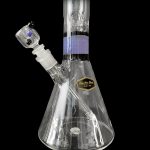 Clear glass water pipe (bong) with blue accents and a glass bowl, against a black background.
