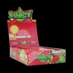A slightly angled close-up of the Juicy Jay's Strawberry and Kiwi Rolling Papers package, featuring bold branding and colorful fruit graphics.