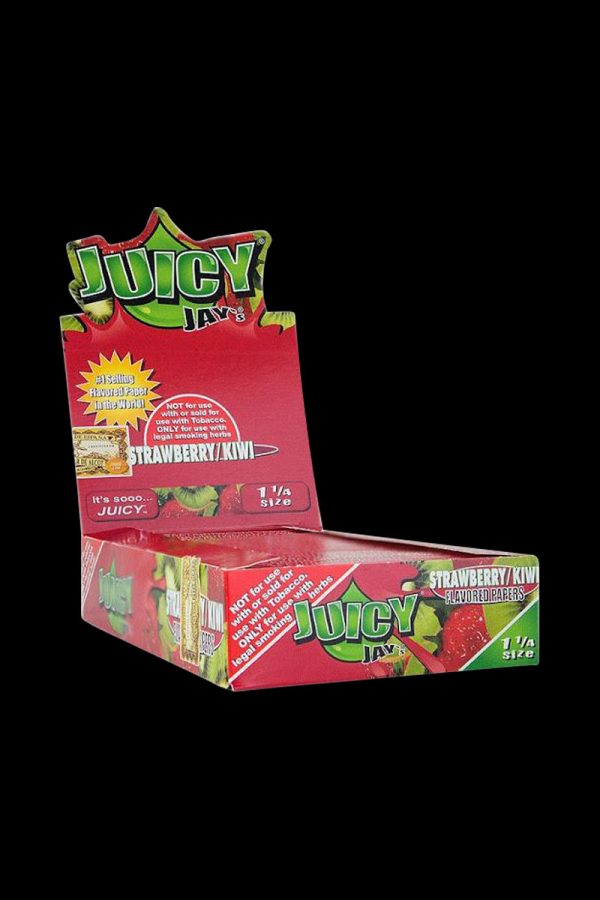 A slightly angled close-up of the Juicy Jay's Strawberry and Kiwi Rolling Papers package, featuring bold branding and colorful fruit graphics.