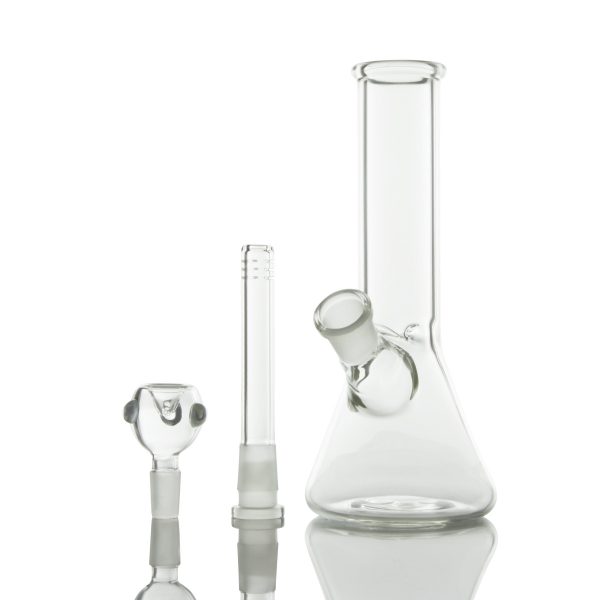 A studio shot of the LA Pipes Basic Beaker Water Pipe - Simply Guy, reflecting off a mirrored surface.