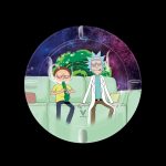 Rick and Morty smoking in a spaceship, with a cannabis brand logo centered below.