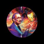 A circular art piece depicting Salvador Dalí holding a melting clock-shaped cannabis pipe, set against a fiery, psychedelic background.