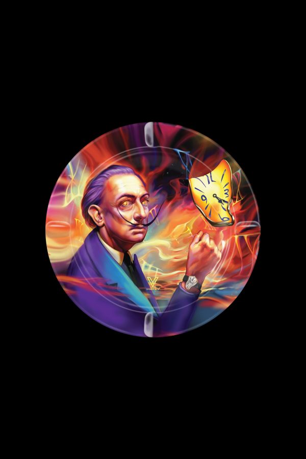 A circular art piece depicting Salvador Dalí holding a melting clock-shaped cannabis pipe, set against a fiery, psychedelic background.