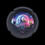 A circular cannabis ashtray depicts an astronaut and alien relaxing in lawn chairs on the moon, gazing at Earth amidst a vibrant, cosmic backdrop."