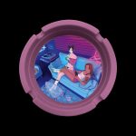 Round cannabis container featuring anime-style illustration of two women relaxing on a couch with a record player, bathed in neon blue and pink light.
