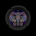 A circular, black cannabis accessory case featuring a vibrant, psychedelic elephant head design composed of intricate geometric patterns in blues, pinks, and purples.