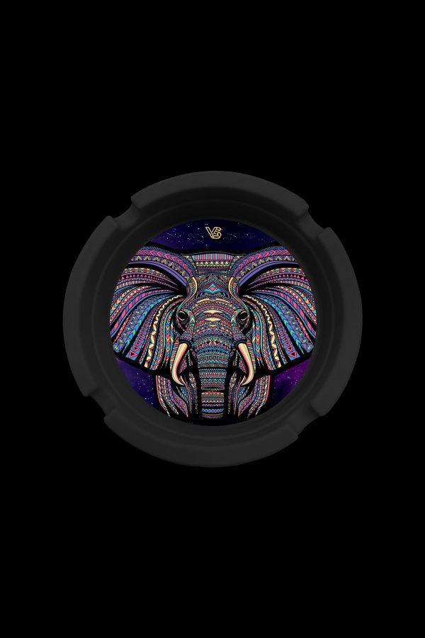 A circular, black cannabis accessory case featuring a vibrant, psychedelic elephant head design composed of intricate geometric patterns in blues, pinks, and purples.