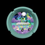 Psychedelic cannabis-themed ashtray featuring a vibrant van scene with alien figures and mountainous landscape.