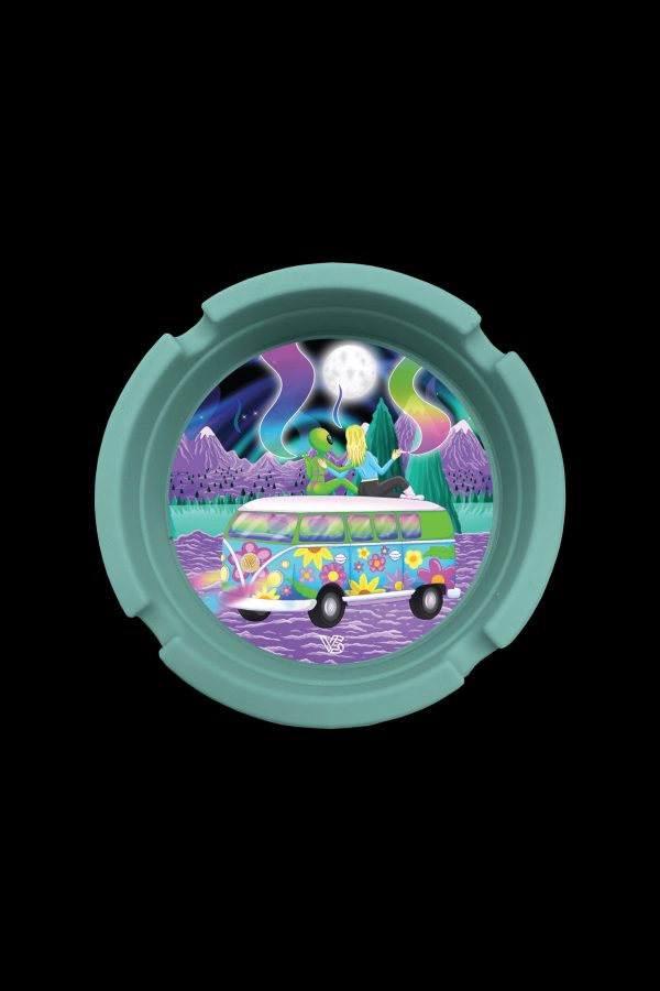 Psychedelic cannabis-themed ashtray featuring a vibrant van scene with alien figures and mountainous landscape.