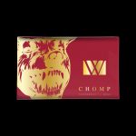 Red cannabis packaging with a golden bear illustration and "CHOMP" branding.