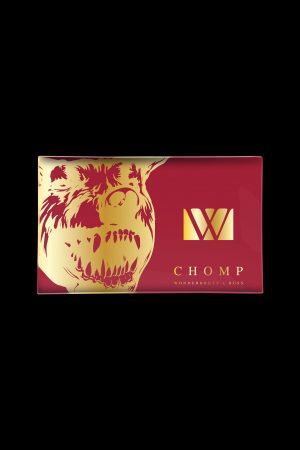 Red cannabis packaging with a golden bear illustration and "CHOMP" branding.