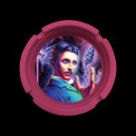 A circular cannabis accessory lid featuring a stylized portrait of Nikola Tesla holding a glowing cannabis bud with electric sparks around him.