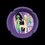 Purple ashtray featuring psychedelic art of a blonde woman greeting an alien near a swirling galaxy and Venus flytrap.