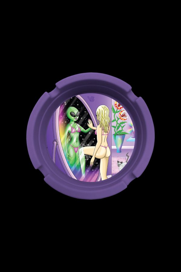 Purple ashtray featuring psychedelic art of a blonde woman greeting an alien near a swirling galaxy and Venus flytrap.