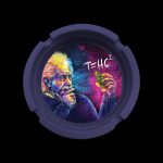 A circular container lid featuring a vibrant, psychedelic portrait of Albert Einstein holding a cannabis bud, with scientific formulas and diagrams surrounding him.