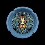 A circular, blue silicone container lid featuring an intricate, colorful lion's head design.